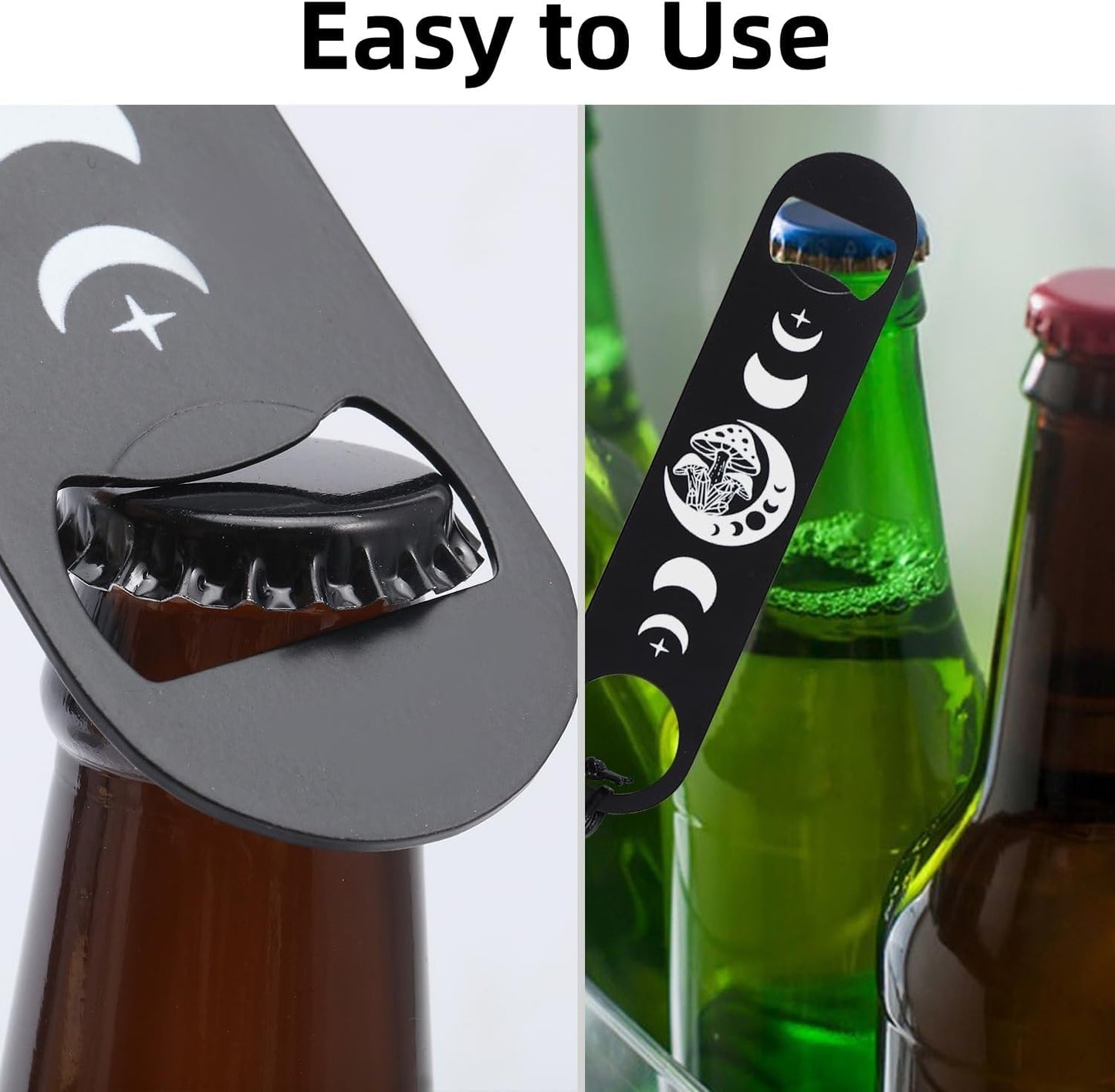 GLOBLELAND 7inch Lunar Phase and Mushrooms Art Stainless Steel Bottle Opener with PU Cord Bar Key for Bartender Beer Bottle Opener Flat Bar Bartender Openers Gift for Home Kitchen Bar Party
