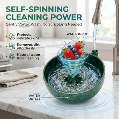 Self Spinning Berry Washing Bowl, Automatic Berry Rinse Bowl with Vortex Washing, 360-Degree Fruit Washer Colander with Built-in Drain Holes for Kitchen, Berries, Grapes and Vegetables (1Pc)
