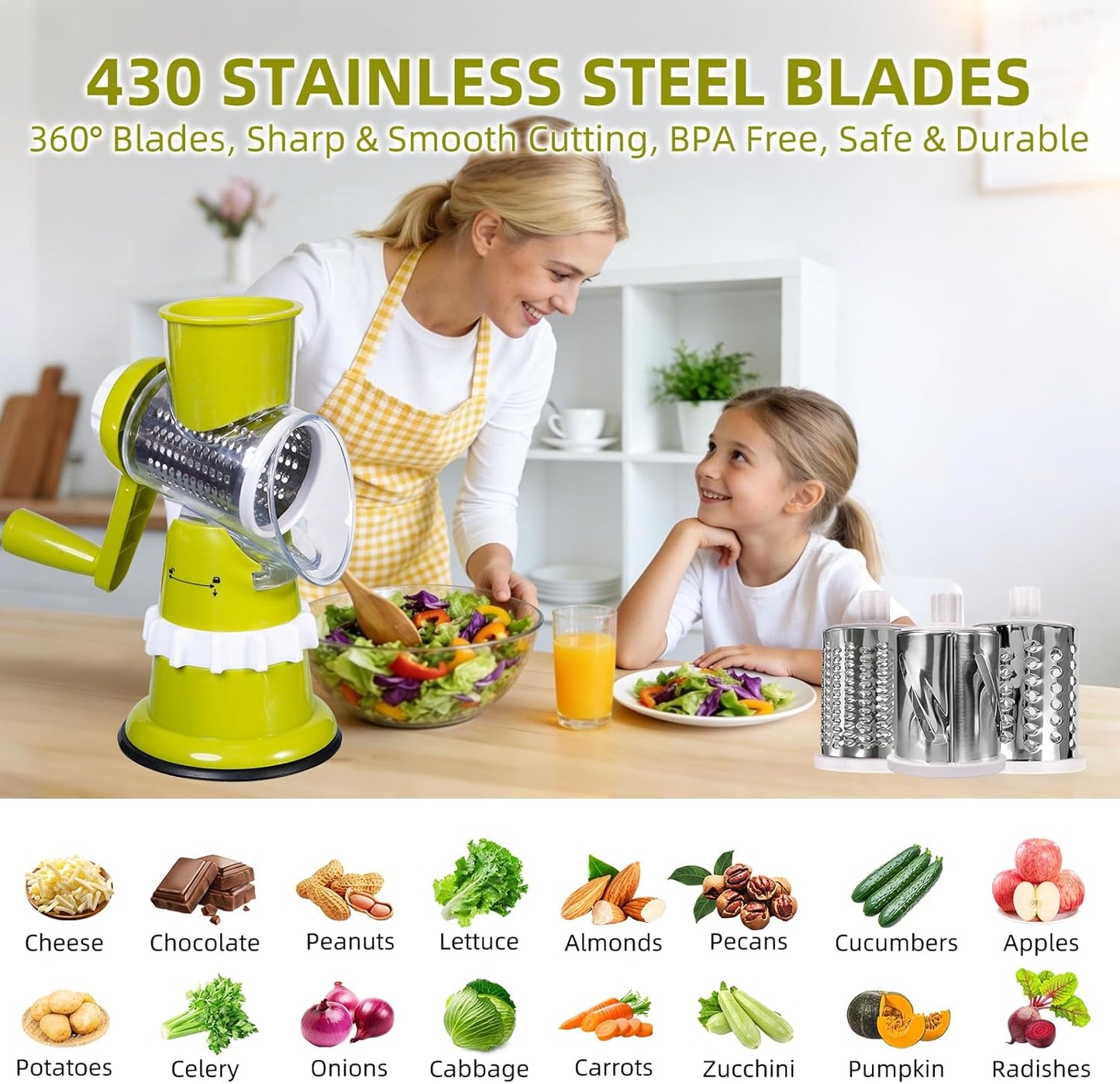 Rotary Cheese Grater, Hand Crank with Suction Base Cheese Shredder Hand Crank 3 Stainless Steel Blades, Rotary Cheese Grater with Handle, Easy to Clean, Rotary Grater for Cheese Vegetable Nuts (Red)