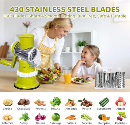 Rotary Cheese Grater, Hand Crank with Suction Base Cheese Shredder Hand Crank 3 Stainless Steel Blades, Rotary Cheese Grater with Handle, Easy to Clean, Rotary Grater for Cheese Vegetable Nuts (Red)