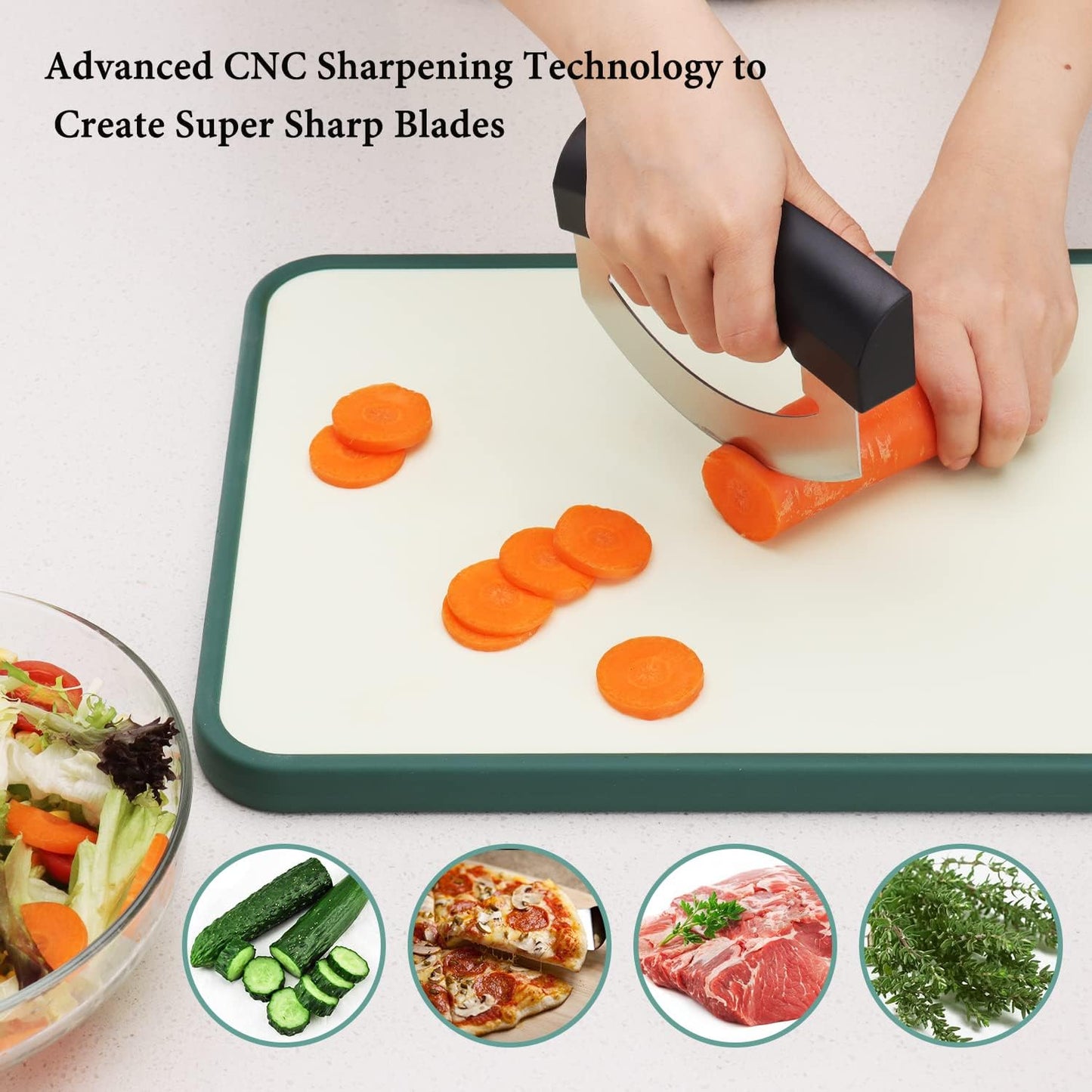 KITCHENDAO Super Sharp Pizza Cutter Mezzaluna Salad Chopper, Advanced CNC Sharpening Technology for Fast Chopping, Rocker Slicer Mincing Knife with Protective Cover, Chop Herbs Vegetables