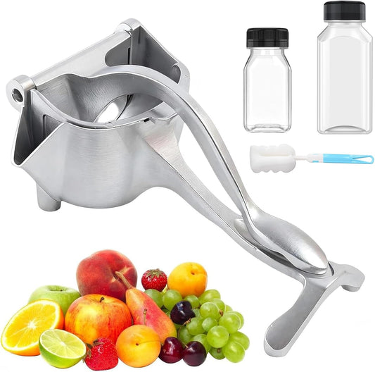 Fresh Fruit Juice Squeezer Handheld Aluminum Alloy,Hand Juicer Squeezer Lemon,Non-Slip Ergonomic Grip,Easy to Clean for Orange, Lemon, And Watermelon,with Two Beverage Bottles And A Cleaning Brush.
