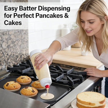 2 Pack Pancake Batter Dispenser & Mixer Bottle with Wire Whisk Ball - Squeeze Dispenser for Batter, Waffles, Cupcakes, Crepes - Heat Resistant Silicone Tip, BPA Free Baking Tool for Blackstone Griddle