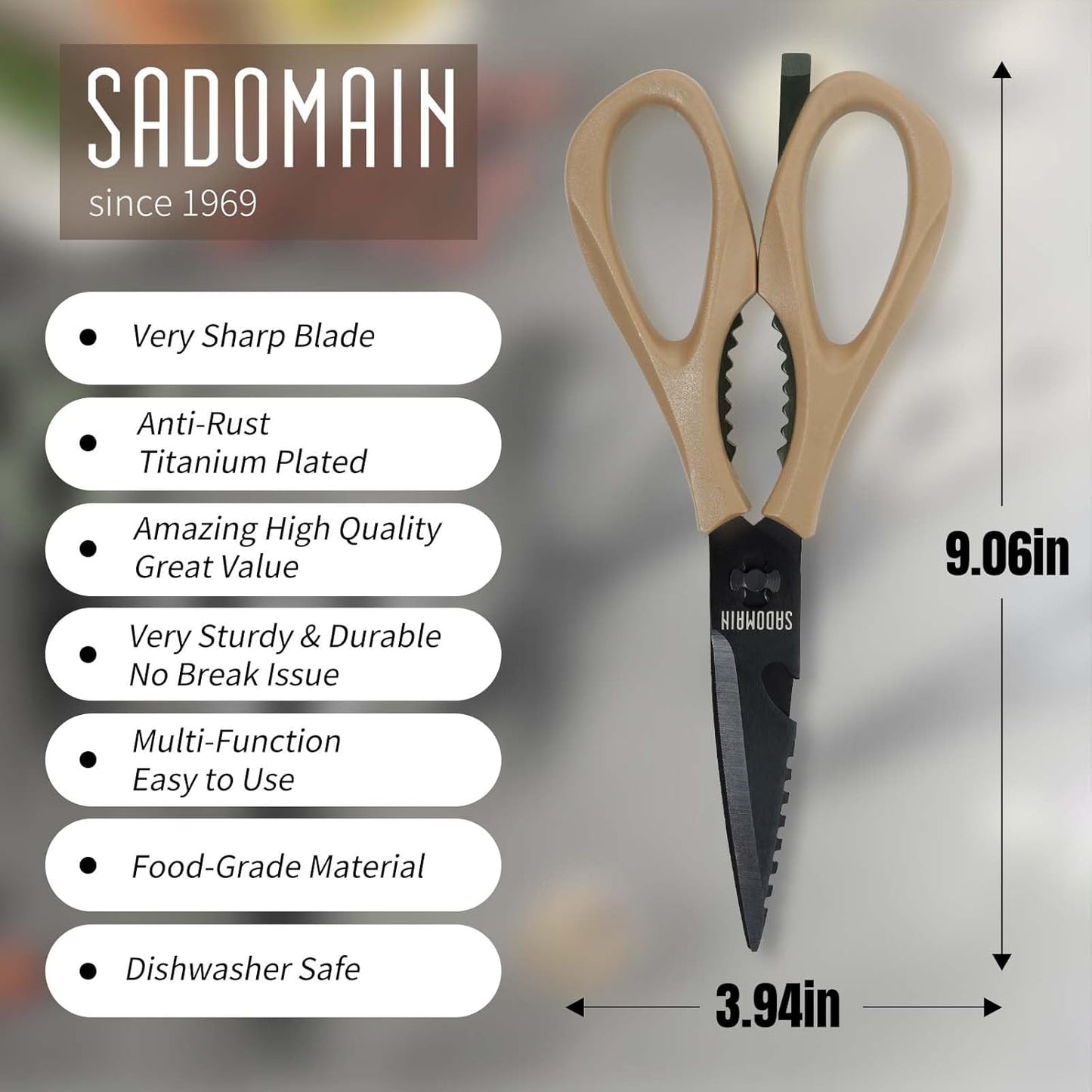 Kitchen Scissors All Purpose, Extra Sharp Kitchen Shears with Knife Sharpener & Sheath, Solid & Durable Stainless Steel Scissors with ANTI-RUST Black Titanium Plated, Dishwasher Safe - Green