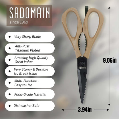 Kitchen Scissors All Purpose, Extra Sharp Kitchen Shears with Knife Sharpener & Sheath, Solid & Durable Stainless Steel Scissors with ANTI-RUST Black Titanium Plated, Dishwasher Safe - Green