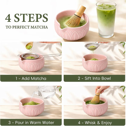 Matcha Whisk Set, Ceramic Matcha Set Includes Bowl & Holder, Bamboo Whisk (Chasen), Scoop, Spoon and Sifter, 6PCS Matcha Kit Covers Everything Needed for Making Matcha (Green)