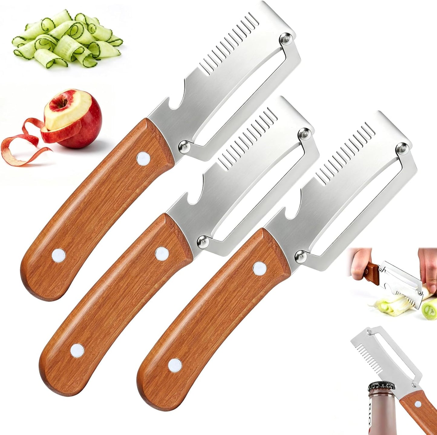3-in-1 Multi-Function Kitchen Vegetable Peeler with Wooden Handle and Bottle Opener, Ideal for Peeling Fruits and Vegetables, Stainless Steel Blade Kitchen Tool (2 PCS)