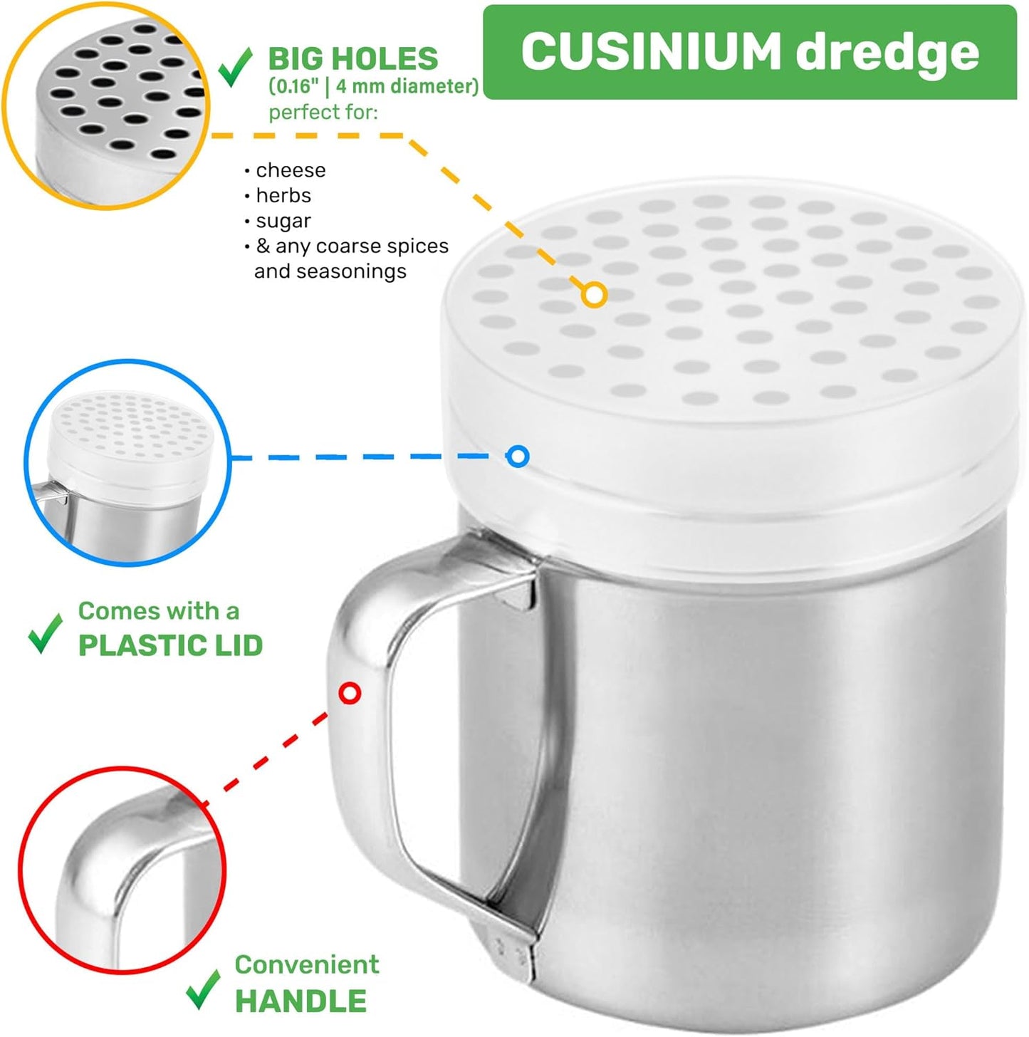 CUSINIUM 14oz Metal Parmesan Cheese Shaker with Large Holes - With Handle - Chili Flakes Dispensers - Pizza Shaker | Style: Coarse