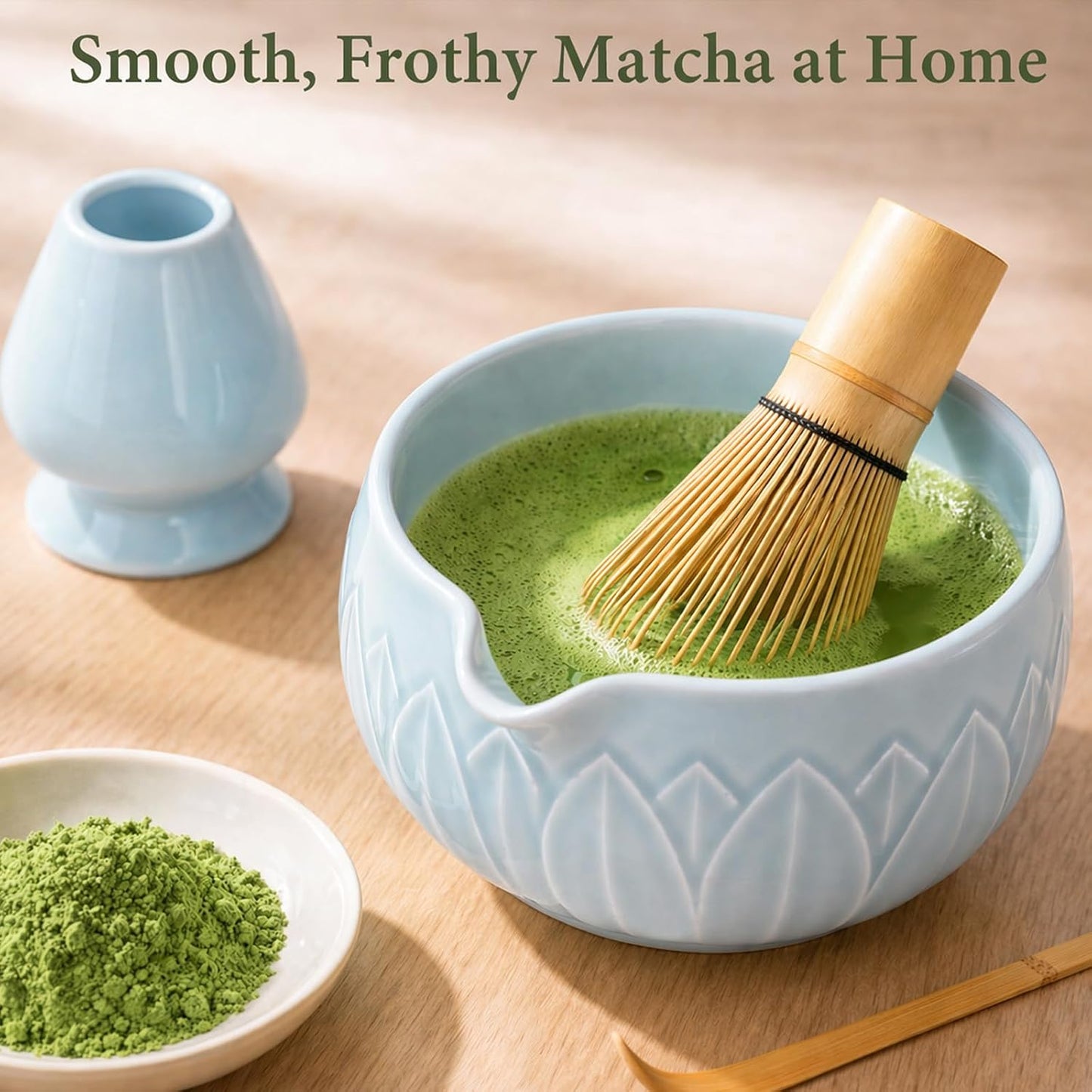 Matcha Whisk Set, Ceramic Matcha Set Includes Bowl & Holder, Bamboo Whisk (Chasen), Scoop, Spoon and Sifter, 6PCS Matcha Kit Covers Everything Needed for Making Matcha (Green)