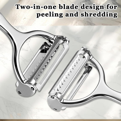 Vegetable Peeler Grater 2-in-1 Double-Sided Blade Fruit Slicer Julienne Cutter with Handle Multifunction Peeler for Kitchen Carrot Cucumber Potato Veggie Cooking Tools, Zinc Alloy