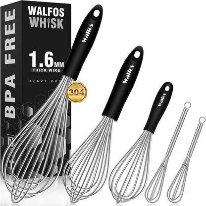 Walfos Whisk,304 Stainless Steel whisk,No-Rust 7+9+11inch Whisks for cooking Nice for Blending,Whisking,Beating.Heat resistant 600°F Dishwasher Safe. Heavy duty kitchen whisk.17.7+22.8+27.9cm -SILVER