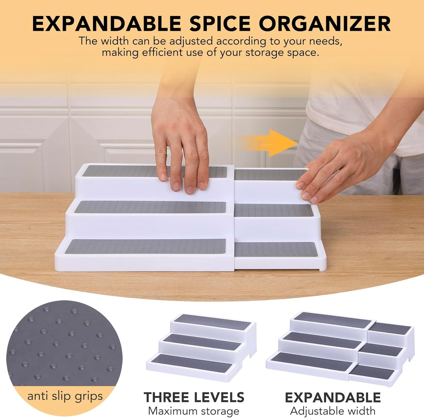 CiWiVOKi 3 Tier Expandable Spice Rack Organizer, White/Grey Plastic Spice Rack, Adjustable Length 14.6In-25.8In, 2 Pack Non-Skid Tiered Spice Shelf Organizer for Kitchen Cabinet, Cupboard, Pantry