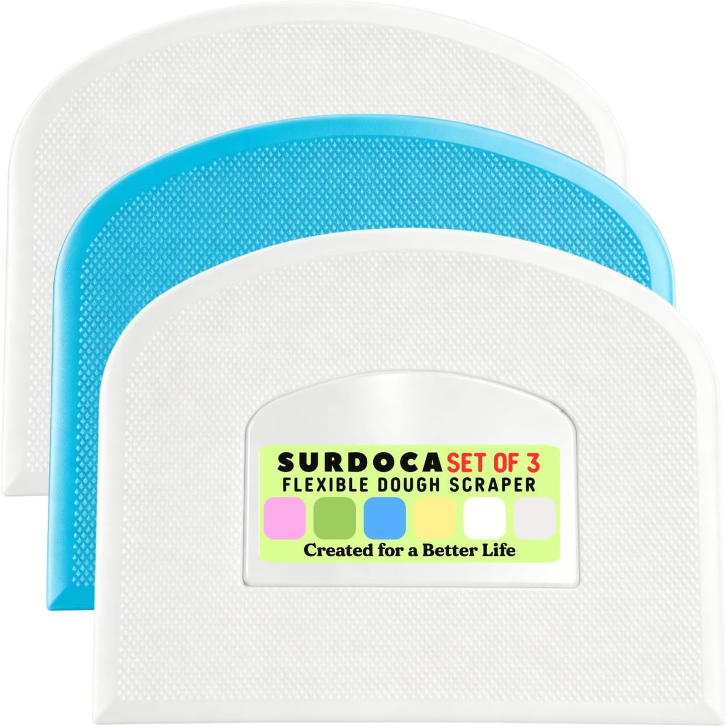 SURDOCA Dough Scraper Bench Scraper - 3P 4.7x3.7" Plastic Flexible Bowl Scraper, Sharp Edge & Angles Cake Scraper. Non-Slip Bakeware Decorating Tools Sculpting & Modeling Tools - Green+White+Green - Colors A