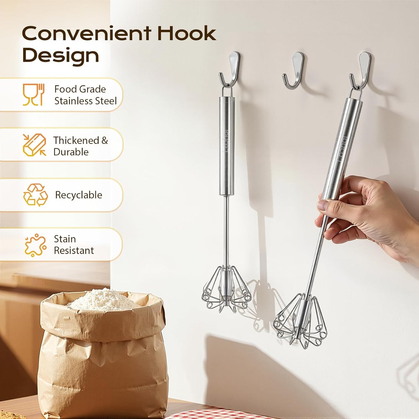 Danish Dough Whisk & Egg Whisk Set for Sourdough Bread, 2PCS Bread Dough Mixer for Sourdough, Pizza, Batter, Eggs & Cream, Heavy Duty Baking Whisks, 12-Inch