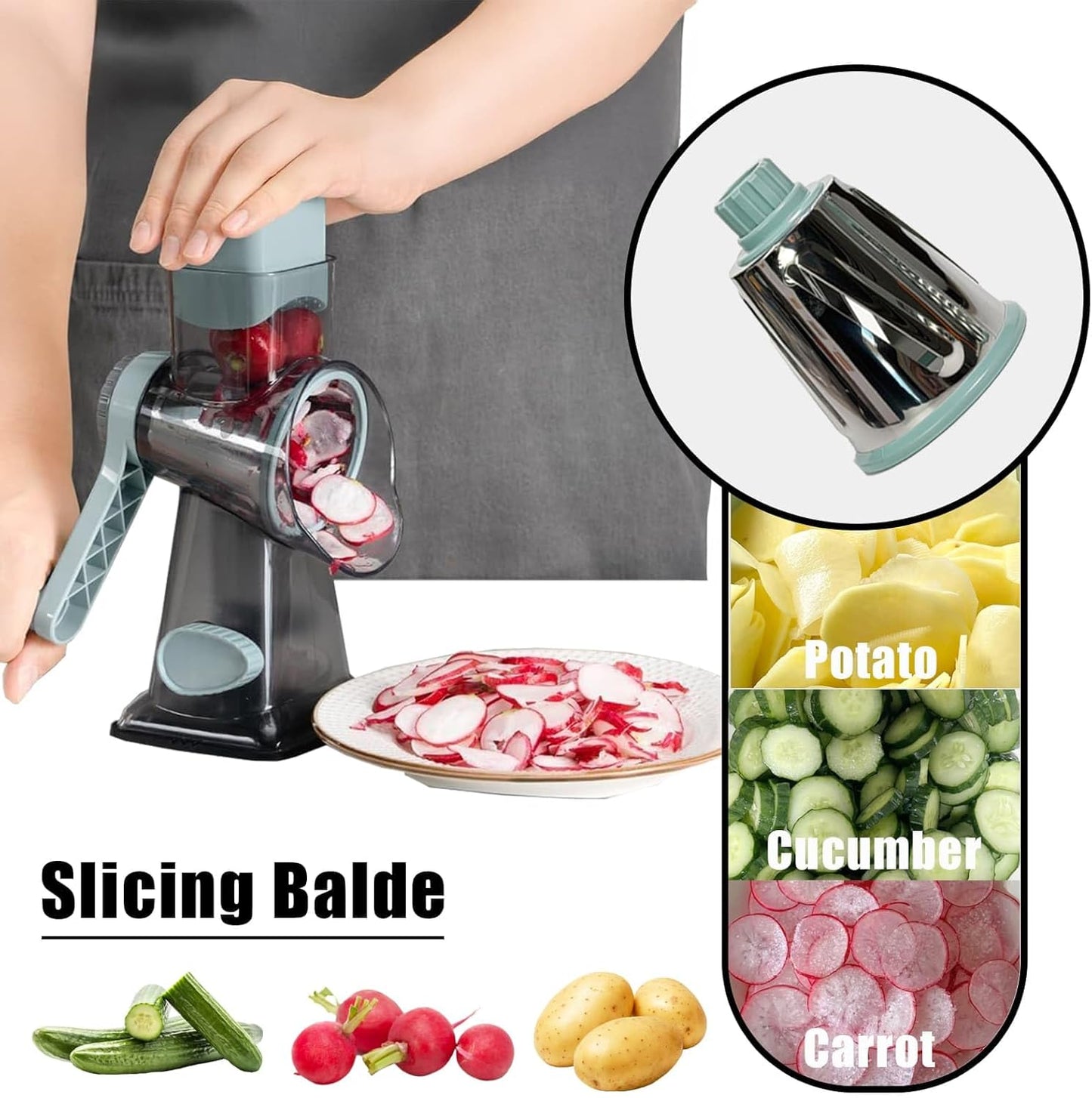 Cheese Grater Hand Crank, Stainless Steel Cheese Shredder with Strong Suction Base, Rotary Grater for Carrots, Potatoes, Vegetables and Fruits, Easy to Clean