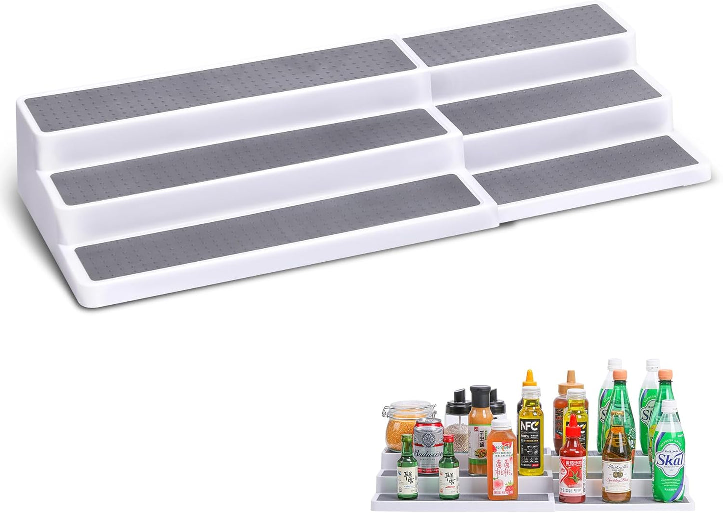 CiWiVOKi 3 Tier Expandable Spice Rack Organizer, White/Grey Plastic Spice Rack, Adjustable Length 14.6In-25.8In, 2 Pack Non-Skid Tiered Spice Shelf Organizer for Kitchen Cabinet, Cupboard, Pantry