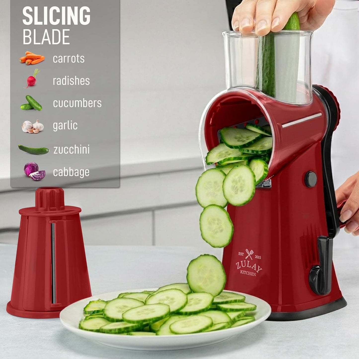 Zulay Kitchen Rotary Cheese Grater 5 Blade Cheese Shredder - Manual Hand Crank Cheese Grater With Reinforced Suction & 5 Interchangeable Drums - Easy to Use, Vegetable Chopper Round Mandoline Slicer - Colors B