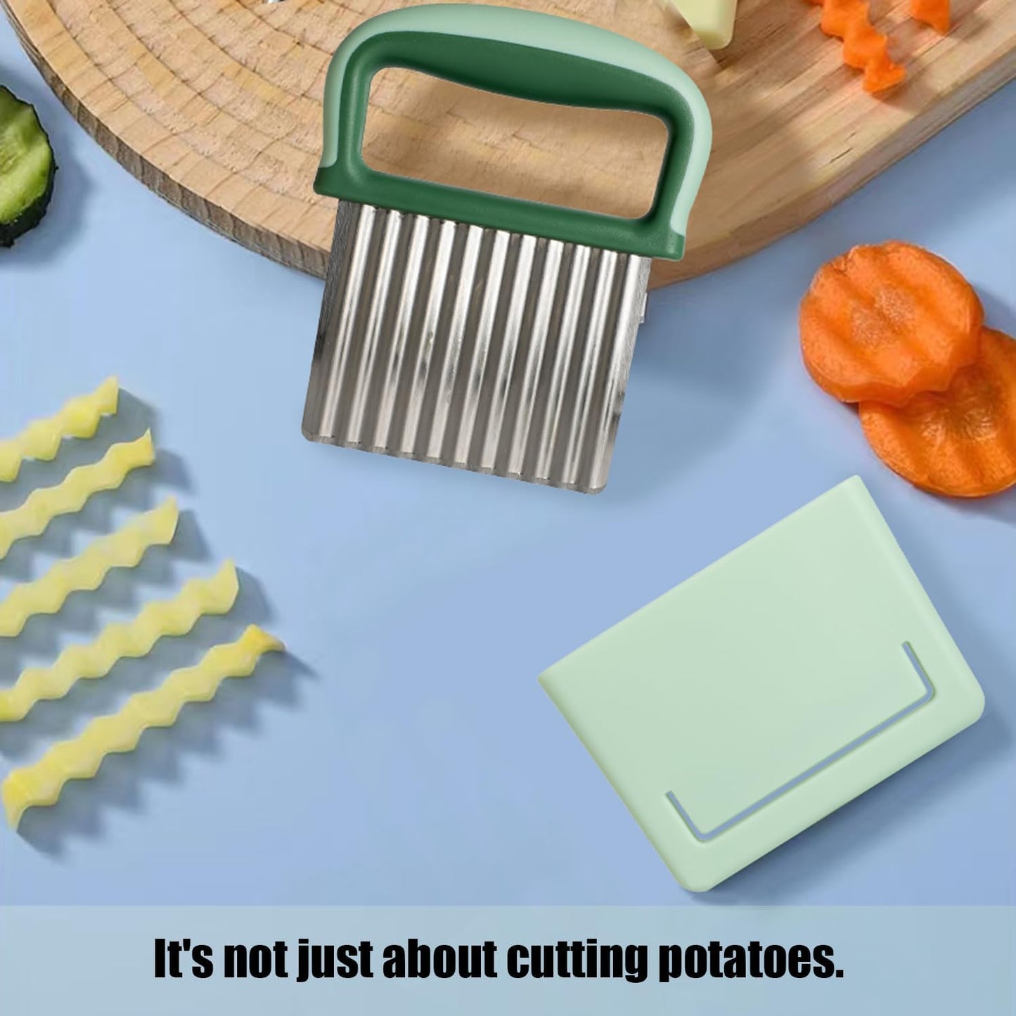 Crinkle cutter,Crinkle cutter for veggies,Stainless Steel Wave Cutter with Protective Case and Handle - Potato Chopper, Carrot Slicer, French Fry Cutter, Onion Chopping Knife (Green)