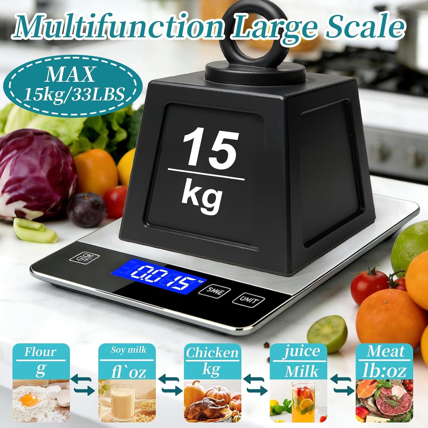 Digital Kitchen Scale, 33lb High Capacity Food Scale with Rechargeable Battery, 304 Stainless Steel Platform for Weight, Meal Prep, Baking