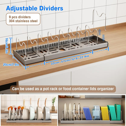 Mustorn 2 Pack Pots and Pans Organizer Under Cabinet, 22" Expandable Food Storage Container Lid Organizers with 9 Adjustable Dividers Pot and Pan Lid Holders Rack Inside Cabinet/Countertop(White)
