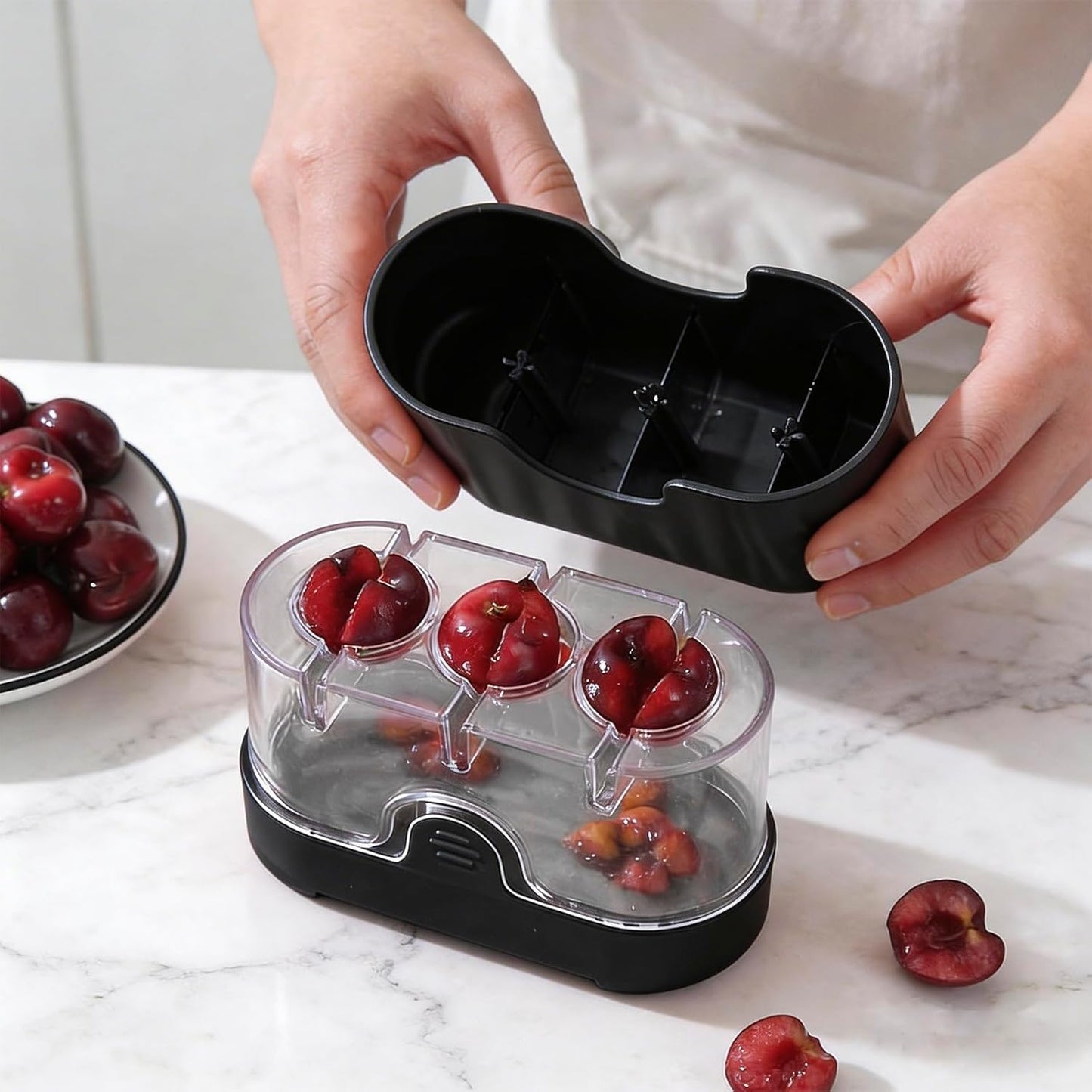 3-in-1 Cherry Pitter and Slicer, Manual Cherry Core Remover Tool Cuts Cherries in Half, for Kitchen Baking Making Cherry Jam Saving Time & Effort(Red)