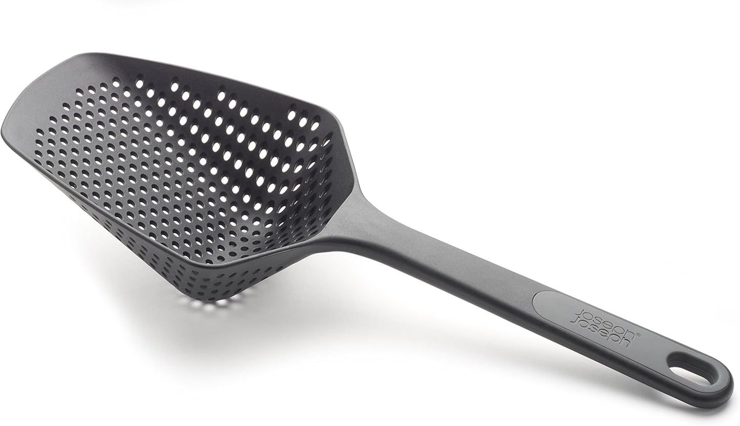 Joseph Joseph Scoop Plus Colander, Spoon Drainer/Strainer, Scoop, Drain and Serve, heat resistant up to 200°C (392°F), Dishwasher safe, Large, Black