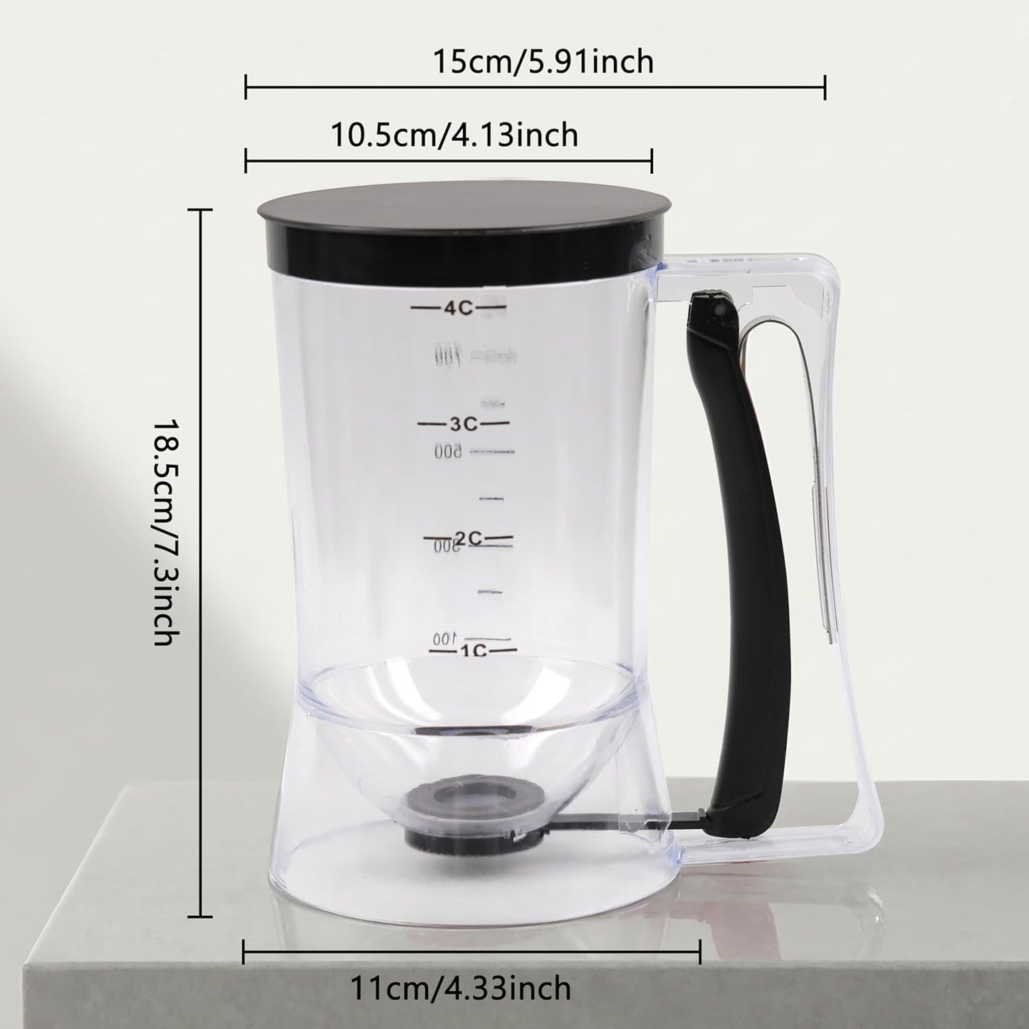 Pancake Batter Dispenser 4-Cup Batter Dispenser with Squeeze Handle & Measuring Marks Kitchen Must Have Tool for Pancakes, Cupcake, Waffle, Muffin Mix, Cake & Crepe,Baking Tool