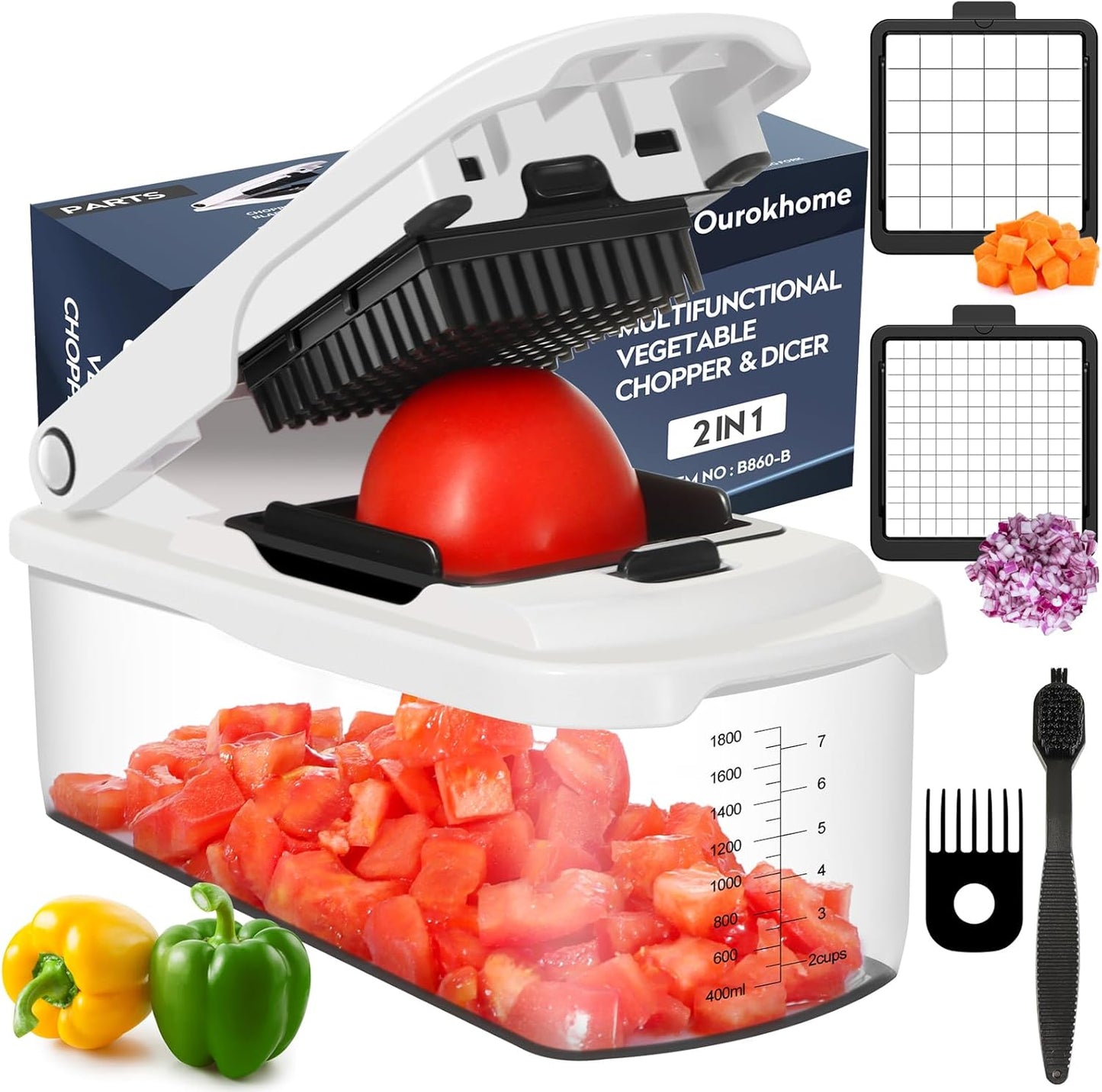 Ourokhome Veggie Chopper and Dicer with Container, Manual Hand Food Mandolin Slicer with 4 in 1 Handheld Vegetable Spiralizer for Zucchini, Potato, Onion, Essential Kitchen Gadgets (12 in 1, Gray)