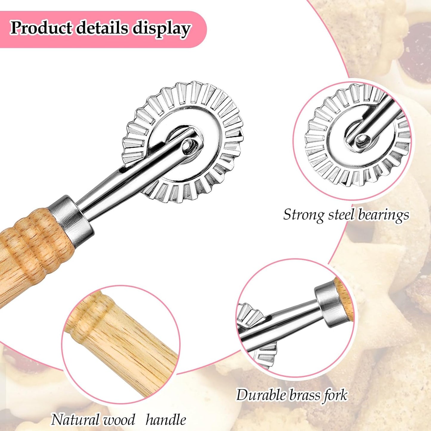Pastry Cutter, Dough Stamp Cutter/Crimper, Pastry Wheel Cutter Tool, Stainless Steel Pasta Cutters Wheel with Wooden Handle for Home and Kitchen Use, 1.54inch