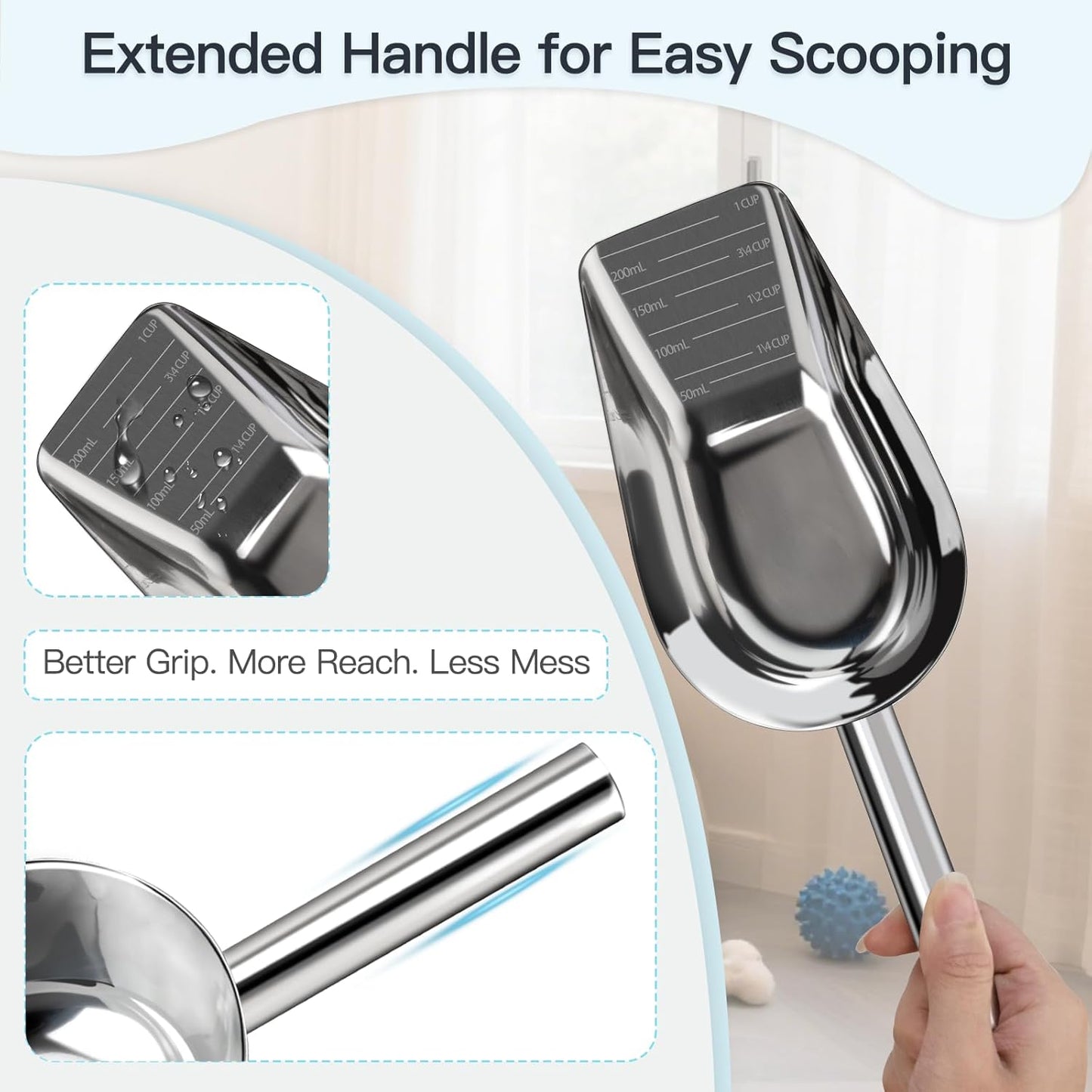 Dog-Cat Food Scoop 3/4 Cup, SSyang Thickened 304 Stainless Steel Pet Food Scoop with Long Handle, Precision Scale, Easy to Clean, Suitable for Wet and Dry Food