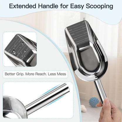 Dog-Cat Food Scoop 3/4 Cup, SSyang Thickened 304 Stainless Steel Pet Food Scoop with Long Handle, Precision Scale, Easy to Clean, Suitable for Wet and Dry Food