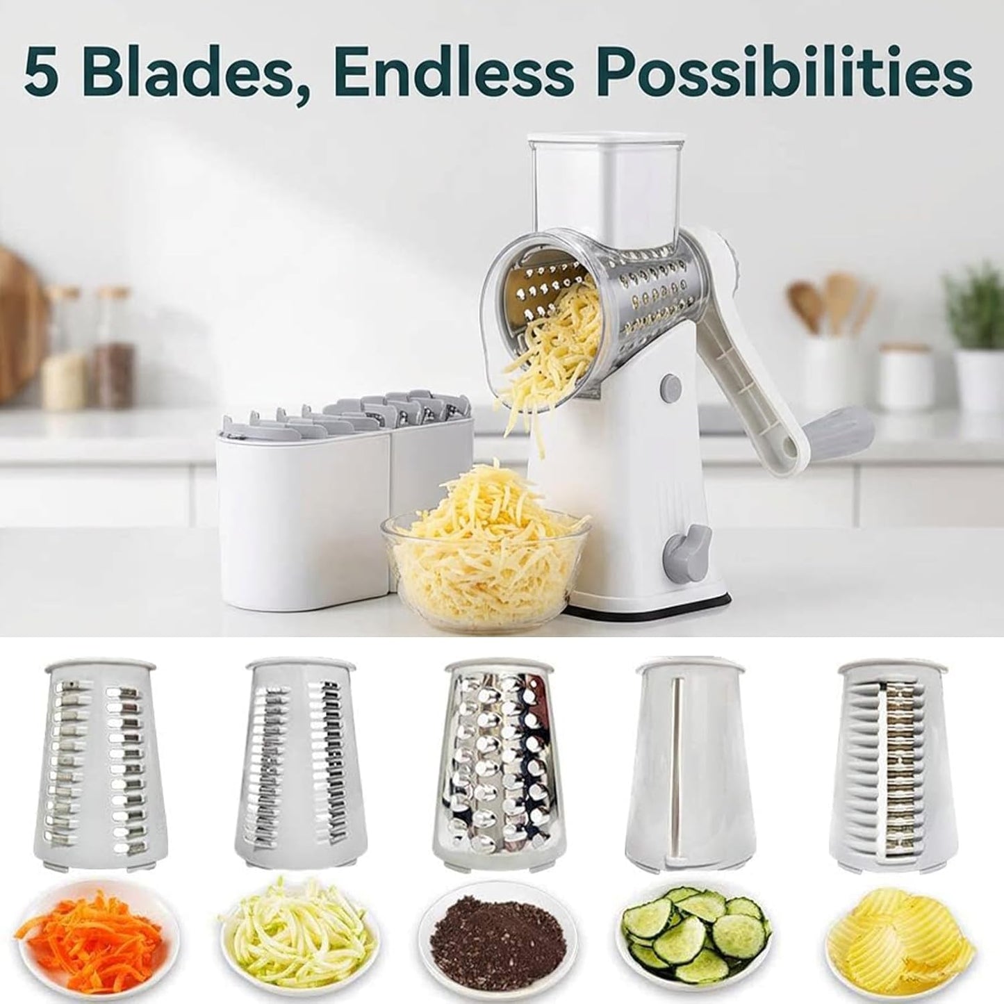 Sakerplus 5 in 1 Rotary Cheese Grater Shredder with Handle, Hand Crank Manual Vegetable Slicer & Drum Grater for Cheese, Potatoes, Nuts, Salad, Dishwasher Safe Blades (1, White)