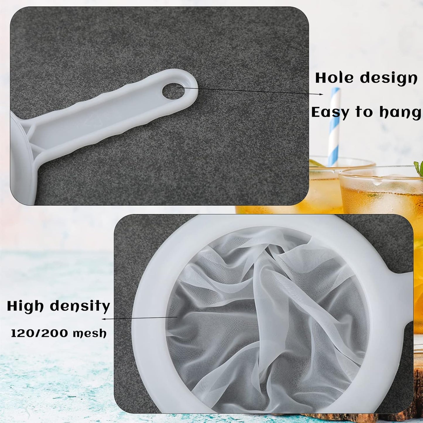 2 Piece Fine Nylon Mesh Strainer Kitchen Food Yogurt Mesh Sieve Plastic Mesh Colander with Handle Mini Brine Shrimp Separation Net for Filtering Juice Milk Soy Coffee Honey Wine Yogurt (120/200 Mesh)