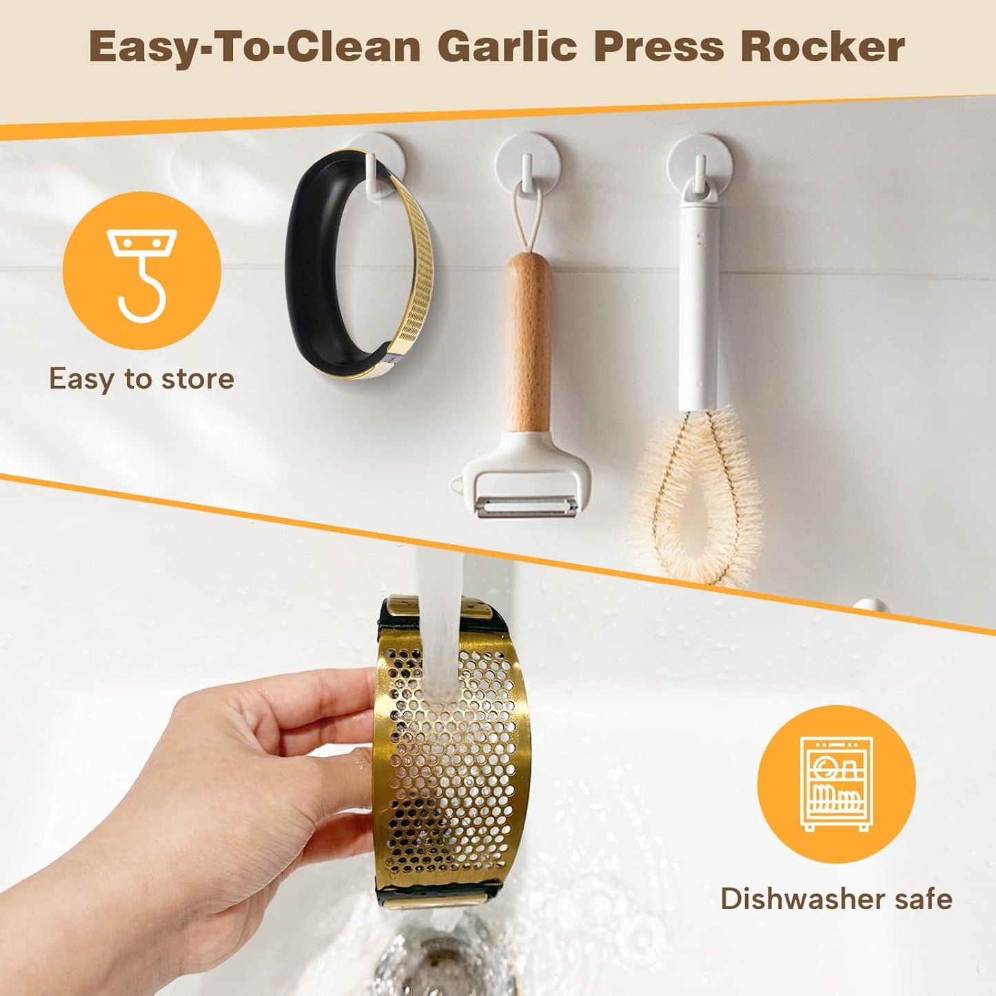 Cook Guy 304 Stainless Steel Garlic Press Rocker Set - Premium Garlic Mincer, Crusher, Peeler and Scraper Tool for Effortless Mincing - Comfortable Grip Garlic Grinder (Silver)