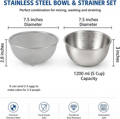3.5QT Stainless Steel strainer bowl Set, Rice Washing Bowl with SUS304 Food Grade Metal Mixing Bowl with Measurement Marks, Large Fruit Washing Bowl for Rice, Quinoa, Pasta, Vegetables,2 Pack