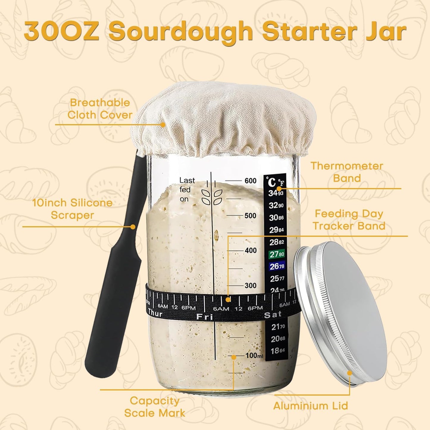 Sourdough Starter Kit, Sourdough Kit Include Banneton Proofing Basket, Sourdough Starter Jar, Bread Lame, Dough Scraper, Dough Whisk Scraper and Silicone Bread Sling