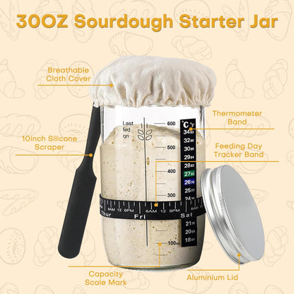 Sourdough Starter Kit, Sourdough Kit Include Banneton Proofing Basket, Sourdough Starter Jar, Bread Lame, Dough Scraper, Dough Whisk Scraper and Silicone Bread Sling