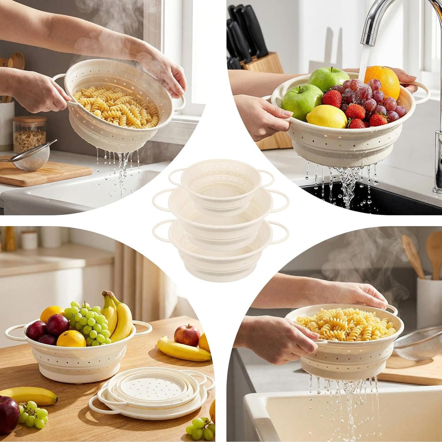 3 Pack Collapsible Colander with Strainer Bowl Set, 11 & 13 In BPA-Free Silicone Colanders for Kitchen, Heat-Resistant Space-Saving Strainer Dishwasher Safe Baskets for Vegetable Fruits(Grey)