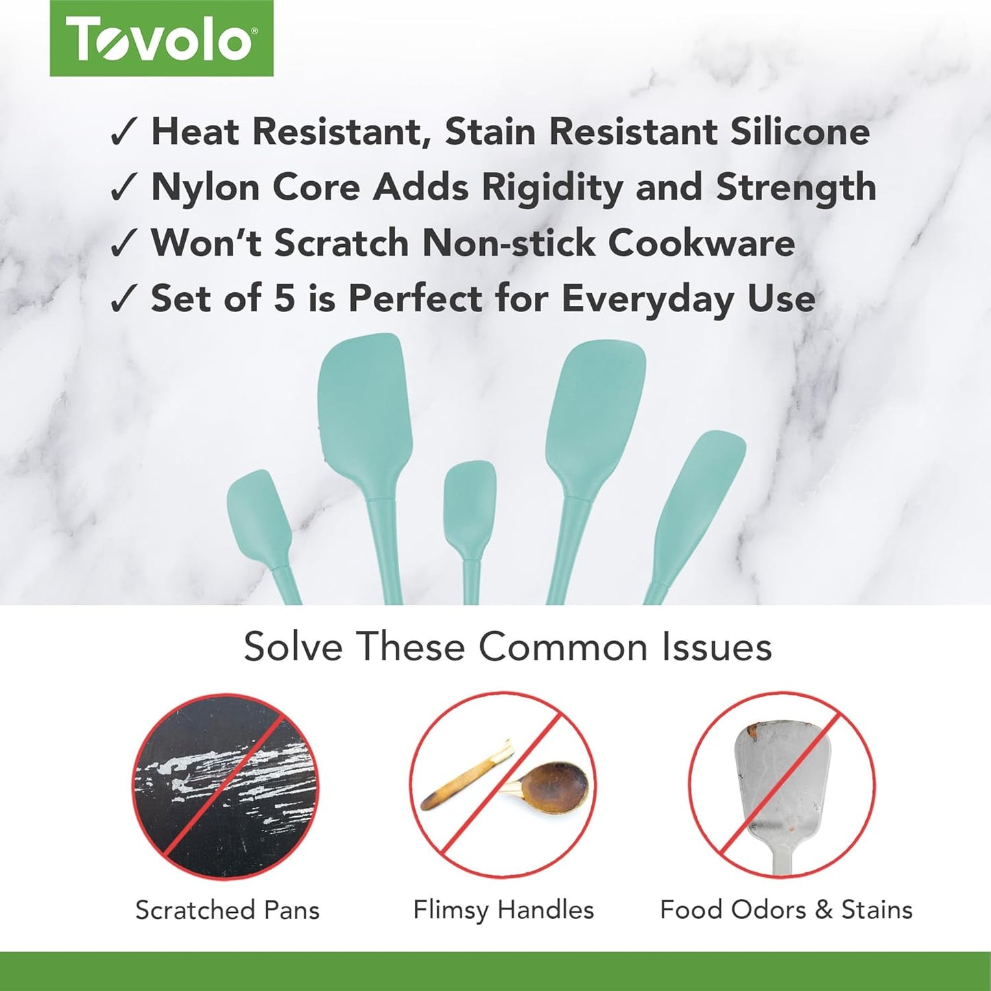 Tovolo Stainless Steel Handled Silicone Spatula Set of 5 White, Dishwasher Safe Kitchen Spatula Set for Cooking Baking, Non Toxic BPA Free Silicone Spatula set with Metal Steel Handle