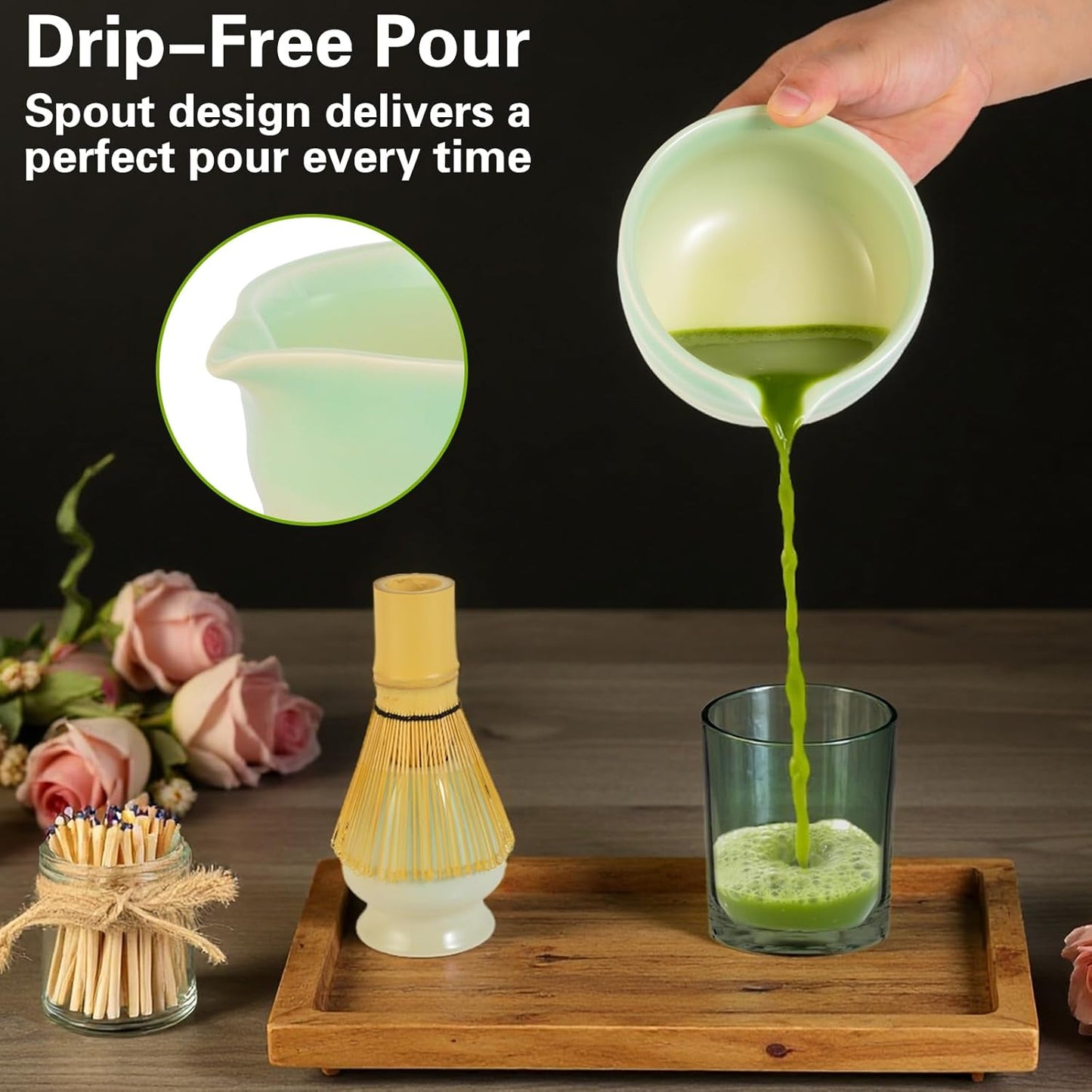 Matcha Whisk Set, Japanese Tea Set Includes Matcha Bowl with Spout, Bamboo Whisk, Ceramic Chasen Holder, Scoop, Sifter, 5 pcs Traditional Tea Making Kit for Matcha Lovers Christmas Gifts for Women Men