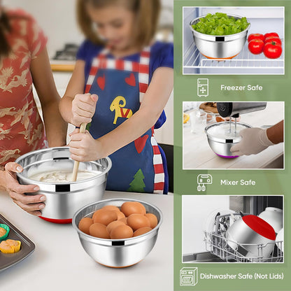 TeamFar Mixing Bowls with Lids Set, 7/3.5/2.5/1.5/1 QT, Stainless Steel Large Red Nesting Metal Salad Mixing Bowl Set of 5, Healthy & Easy Clean, Airtight Lid & Non-slip Bottom