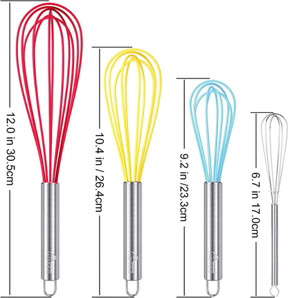 HOTEC 4 Pieces Silicone Whisks Set, Wire Balloon Whisks for cooking Egg Beater, Non-slip Handle Whisk for Non-stick Cookware Perfect for Cooking, Stirring, Beating and Blending (Multicolor)