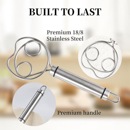 Premium Stainless Steel Danish Dough Whisk (8.5 Inch) - Dishwasher Safe Sourdough Bread Mixer & Batter Blender for Pizza, Pastry Baking