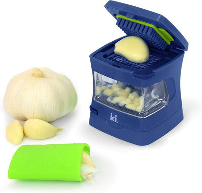 Garlic-A-Peel Garlic Press, Crusher, Cutter, Mincer, and Storage Container - Includes Silicone Garlic Peeler - Easy to Clean - Stainless Steel Blades – (Black), standard