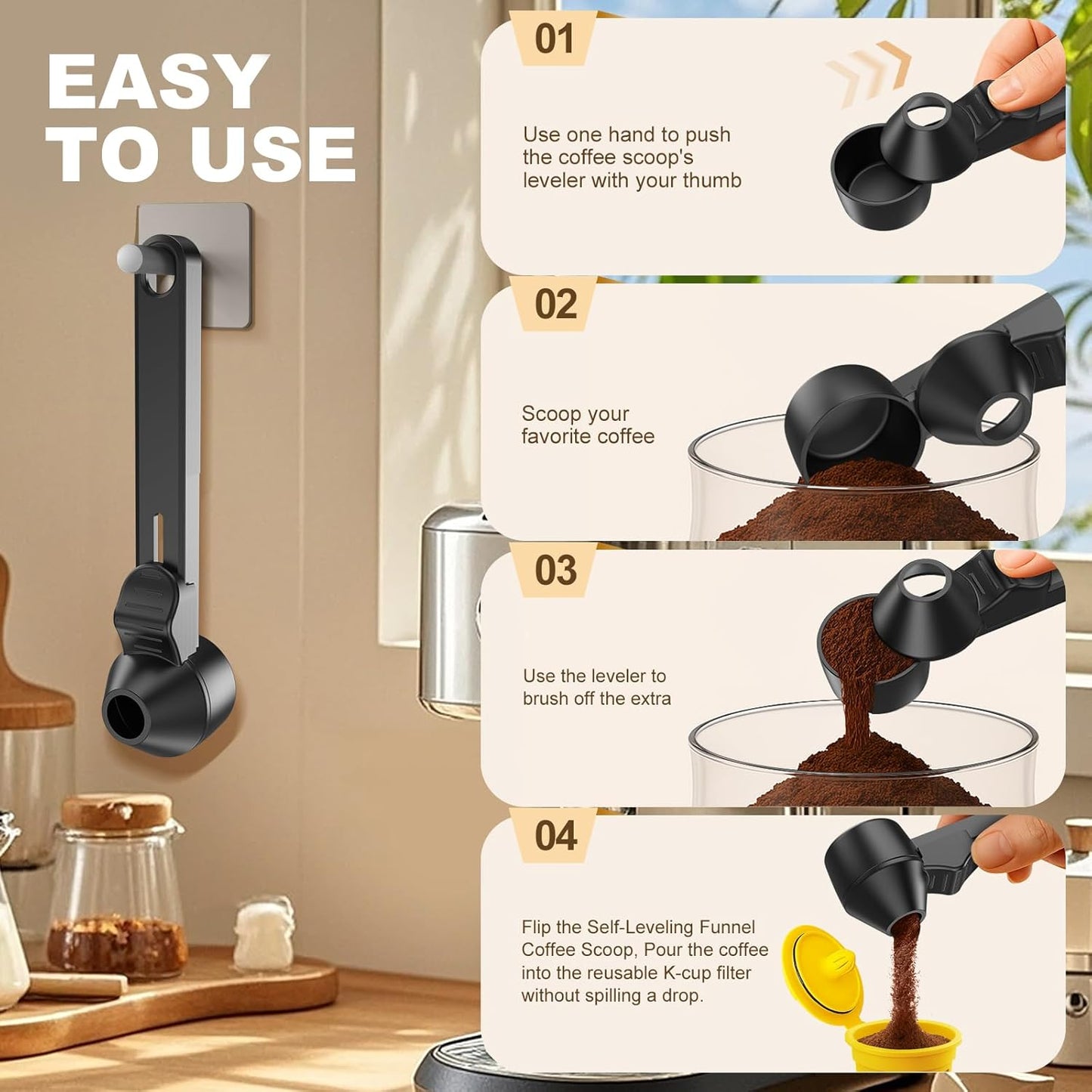 Coffee Scoop & Funnel for Reusable K Cup Refillable Coffee Pods,2 Tablespoon Coffee Scoop for Ground Coffee (1, Black)