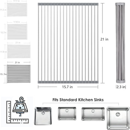 Tomorotec Roll Up Dish Drying Rack Over The Sink Grey Large Dish Drying Rack Rolling Foldable Collapsible SUS304 Stainless Steel Multipurpose Dish Drainer for Kitchen Counter (21”x15.7”)