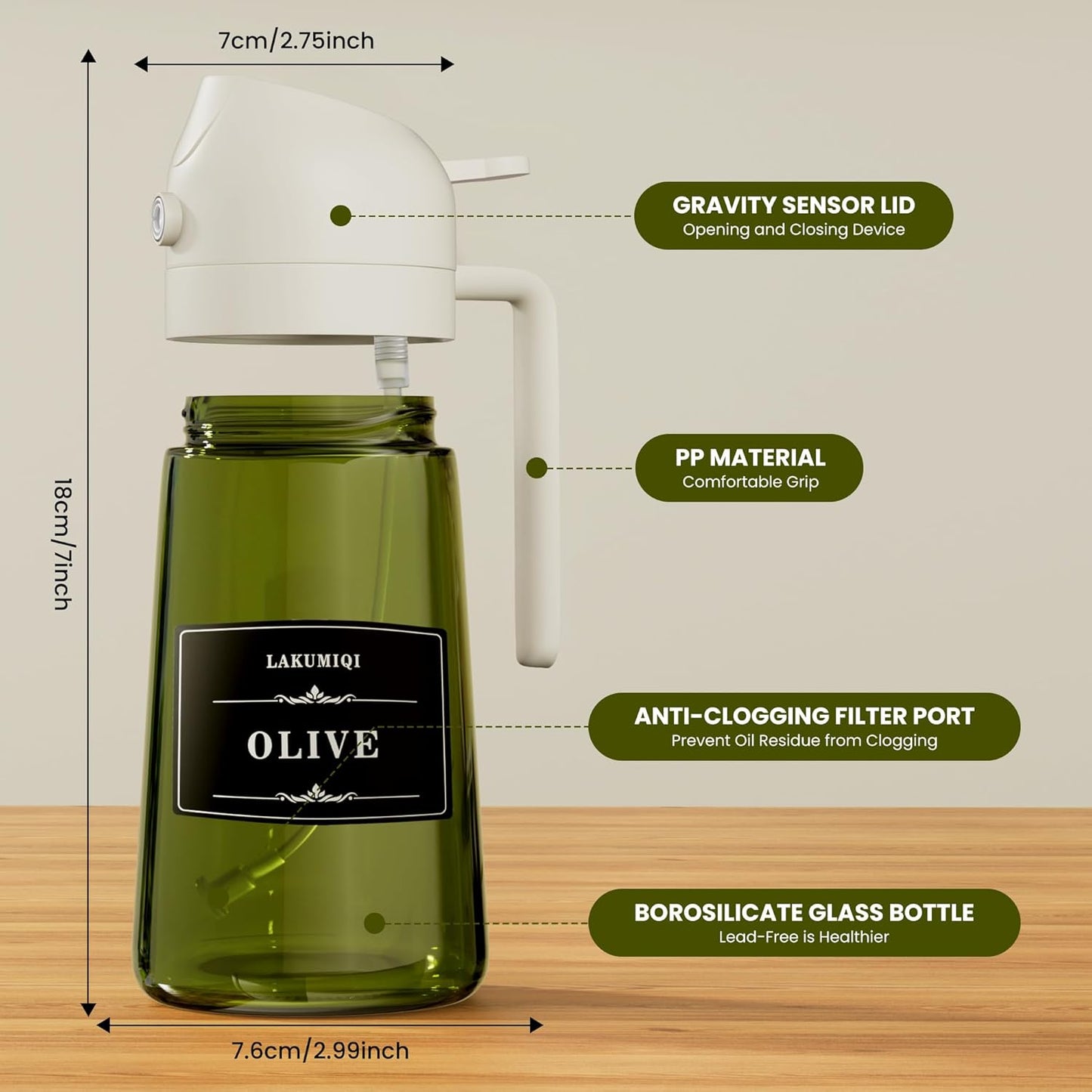 LAKUMIQI 2-in-1 Olive Oil Sprayer for Air Fryer – 16oz Glass Oil Dispenser & Cooking Oil Mister – Spray & Pour Bottle, Non-Aerosol, Leak-Resistant, for Salad, BBQ, Kitchen