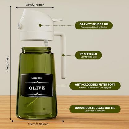 LAKUMIQI 2 in 1 Oil Sprayer for Cooking, 16oz Olive Oil Dispenser Bottle for Kitchen, Food Grade Light-Blocking Leak Proof Glass Spray Bottle for Salad, Air Fryer, BBQ