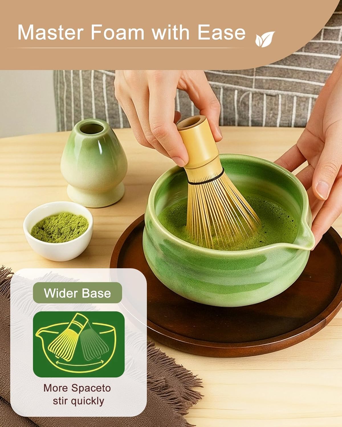 Matcha Whisk Set - 8Pcs Matcha Set includes Bowl, Whisk and Holder, Bamboo Scoop, Scoop Rest, Spoon, Sifter and Tea Towel, for Matcha Lovers, Gift- Green