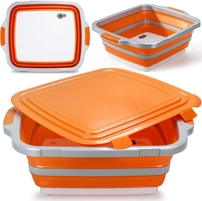 8L Collapsible BBQ Prep Tub with Locking Lid Cutting Board for Marinating Food Storage - Portable Wash Basin Colander for Kitchen Camping Sink - Foldable Bucket for Household Baking Picnic Tailgate